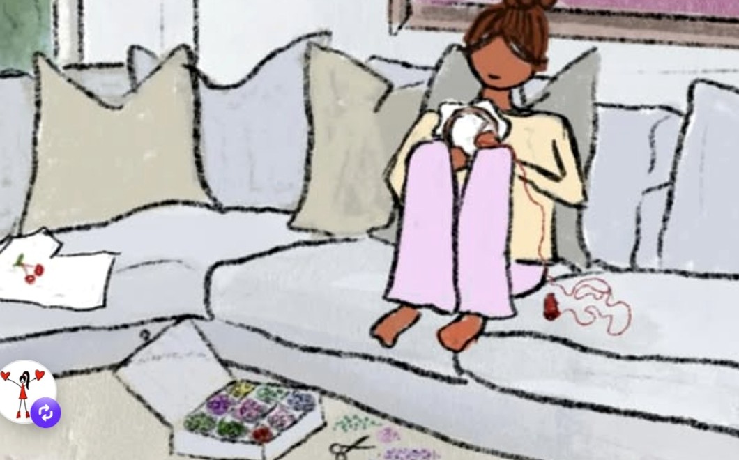 Illustration of a person crafting on a couch.