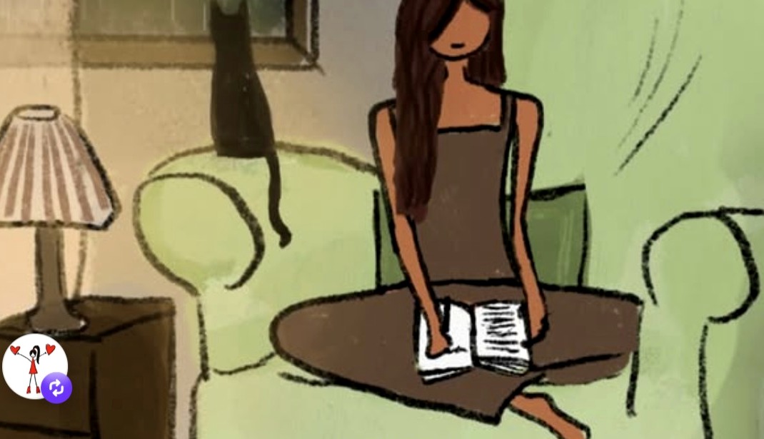 Illustration of a person sitting in a green chair by a rainy window.
