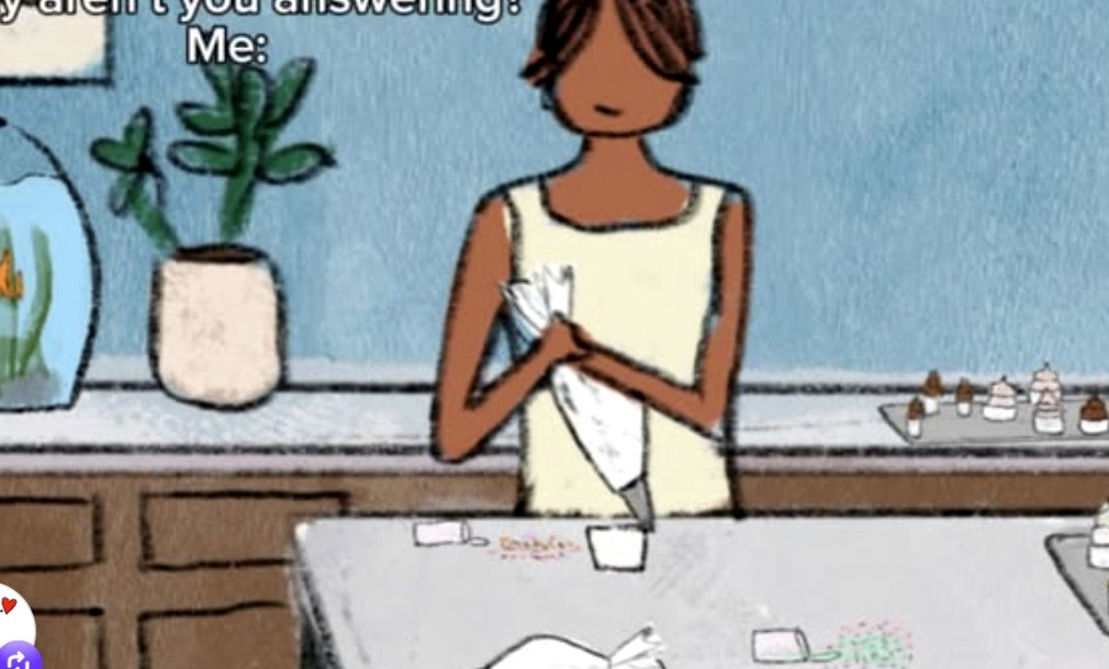 Illustration of a person decorating cakes in a kitchen.