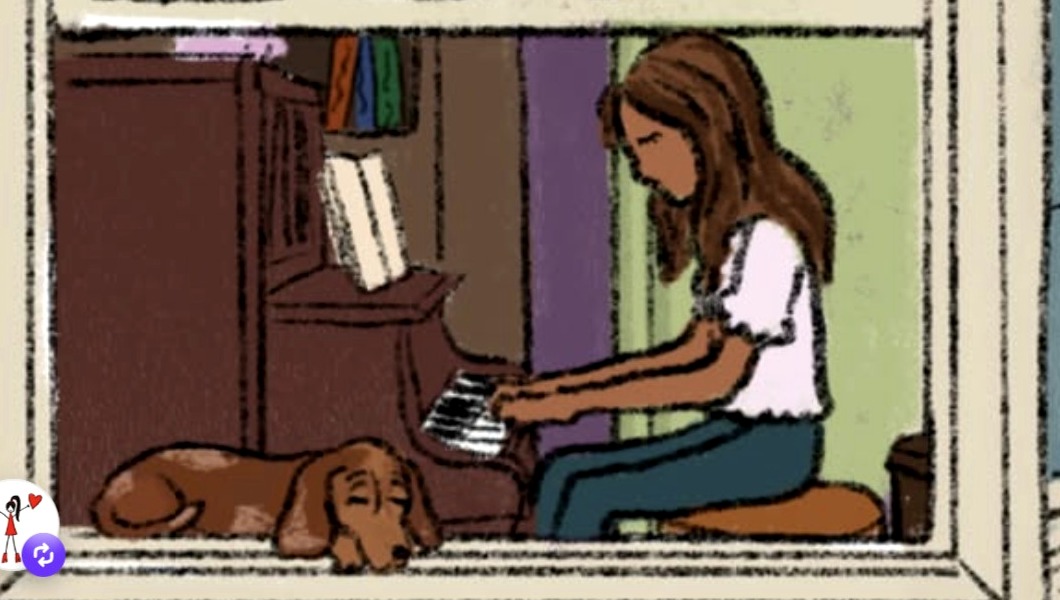 Illustration of a person at a piano by a window.