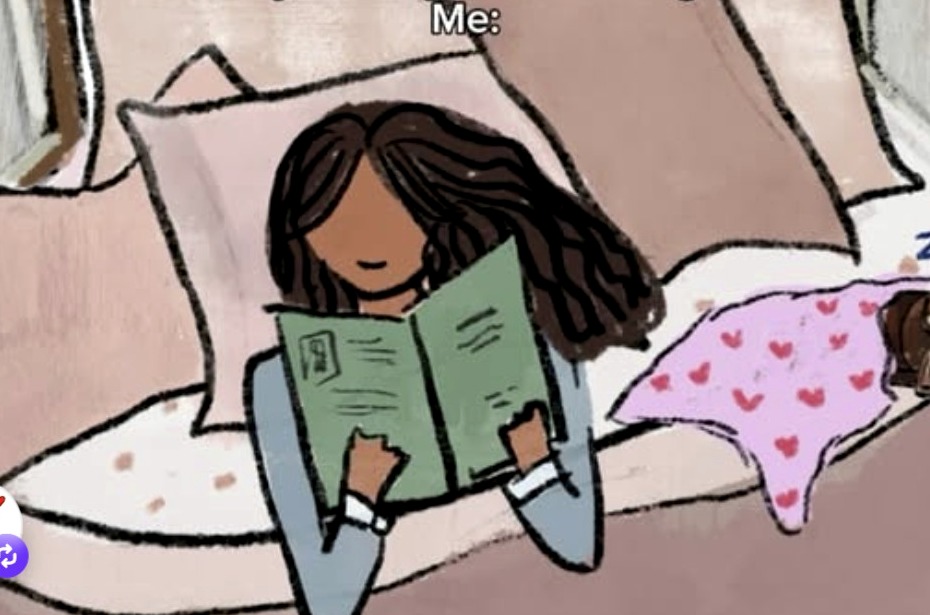 Illustration of a person reading in bed with pink bedding.