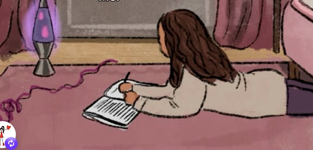 Cozy illustration of someone writing on a pink rug beside a lava lamp.